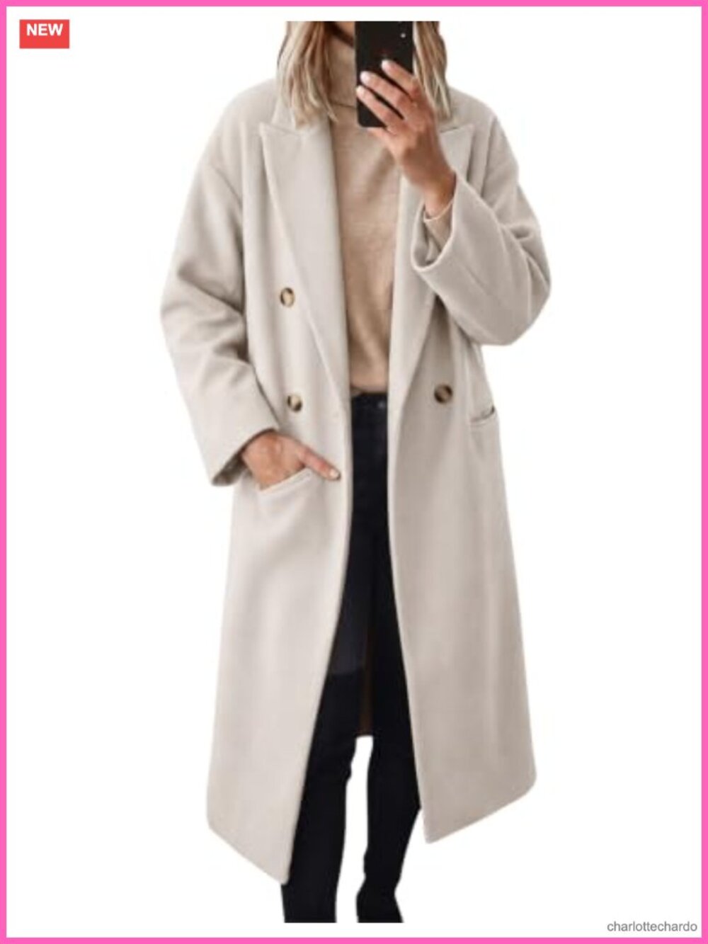 Oversized Double Breasted Wool Blend Notch Lapel Trench Coat